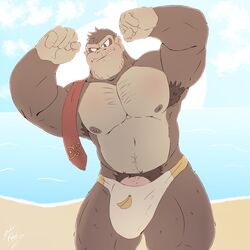 1male 2021 absurd_res anthro ape armpit_hair barbell_piercing beach big_bulge big_muscles body_fur bulge clothing dick_root donkey_kong donkey_kong_(series) flexing fur genitals haplorhine hi_res huge_bulge looking_at_viewer male male_nipples male_only male_pubic_hair male_thong mammal manly masculine mature_male muscular muscular_anthro muscular_male navel necktie nintendo nipple_piercing nipples outside pecs penis piercing primate pubes sand seaside shadowmatamori smile smooth_fur solo solo_male speedo standing swimwear thick_thighs tuft video_games water