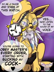 absurd_res albinoraynedeer animal_genitalia animal_penis balls black_penis canine_penis clock dialogue digital_media_(artwork) eeveelution erection eyewear feral fur genitals glasses hi_res hypnosis hypnotic_eyes hypnotizing_viewer ivan_the_jolteon jolteon male mind_control nintendo no_humans nude open_mouth penis pocketwatch pokemon pokemon_(species) pokemon_only simple_background solo swirling_eyes talking_to_viewer tuft video_games watch yellow_balls yellow_body yellow_fur