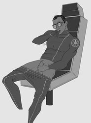 1boy 1male artist_logo big_penis black_and_white black_clothing chair clone_trooper dark_hair emblem glasses grey_background half-closed_eyes indoors male male_only masturbation military moaning_in_pleasure mostly_clothed muscular muscular_male nerd nerdy_male pants_down pants_pulled_down pleasure_face receding_hairline short_hair simple_background sitting sitting_on_chair soldier solo solo_focus solo_male star_wars tan_body tan_skin tan_skinned_male tech_(the_bad_batch) the_bad_batch