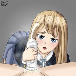 1boy 1girls 2021 all_fours big_penis blonde_hair blue_eyes blush cum_in_sock evilgirl faceless_male female female_focus gray_background hand_on_penis handjob happy k-on! large_penis legwear long_hair masturbation open_mouth penis penis_grab pov pov_eye_contact school_uniform schoolgirl simple_background skirt sockjob socks tsumugi_kotobuki_(k-on!) yellow_hair