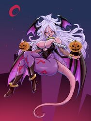 1girls android_21 android_21_(evil) bio-android_(dragon_ball) boobs breasts clothing cosplay crossover darkstalkers dragon_ball dragon_ball_fighterz female halloween halloween_costume halloween_pumpkin large_breasts majin_android_21 morrigan_aensland_(cosplay) nipples pumpkin