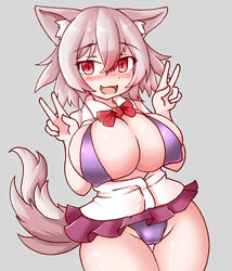 animal_ears bikini blush breasts cameltoe double_v large_breasts looking_at_viewer momiji_inubashiri purple_bikini red_eyes shiny_skin skimpy standing tagme tail thighs touhou white_hair wolf_ears wolf_girl wolf_tail yagi_paranoia