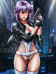 1girls breasts cleavage cyberpunk cyborg female female_only foxyart ghost_in_the_shell gun half-dressed half_naked hips jacket kusanagi_motoko leather_jacket pistol purple_hair pussy red_eyes short_hair sleeves_rolled_up solo thighs