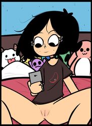 1girls alwer alwerart anus bedroom black_eyebrows black_eyes black_hair black_nails bottomless female female_only freckles legs_spread light-skinned_female light_skin oc on_bed original_character phone pussy selfie simple_shading solo solo_female stuffed_animals t-shirt vagina