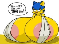 animal_crossing ankha areolae_slip artist_request big_breasts bra breasts cat_ears cat_humanoid covered_nipples embarrassed furry_only gigantic_breasts huge_breasts huge_nipples hyper_breasts micro_bra nintendo nipple_slip nipples pink_nipples simple_background source_request speech_bubble upper_body year_request yellow_fur