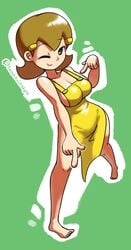 1girls 5-volt apron bare_legs bare_shoulders barefoot bent_wrist big_breasts brown_eyes brown_hair feet mario_(series) milf minus8 mother naked naked_apron naked_apron_woman short_hair solo tagme warioware winking winking_at_viewer