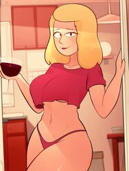 1girls arkeus beth_smith black_eyes blonde_hair blush breasts crop_top female female_only looking_at_viewer milf navel no_pants panties pink_panties rick_and_morty shiny_skin smile solo standing string_panties thick_thighs thighs underboob wide_hips wine