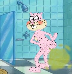 anus ass blush cheeks colored_skin fart fart_cloud farting female furless furry looking_at_viewer mammal naughty_face nickelodeon nude on_back pink_skin presenting_ass sandy_cheeks seductive_smile shower smelly smile spongebob_squarepants squirrel tail teeth