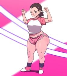 arms_up big_ass big_butt big_thighs booty_shorts boruto:_naruto_next_generations brown_hair d-art hourglass_figure large_ass looking_at_viewer naruto naruto_(series) navel pink_clothing pink_shirt pink_shoes pink_shorts pointing_at_self sarada_uchiha short_hair short_shorts short_sleeves shortstack smiling solo solo_female standing thick_thighs