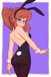 1girls a_hat_in_time aged_up ass ass_focus back_view blue_eyes blush brown_hair brown_hair_female brown_pantyhose brunette brunette_female bunny_ears bunny_tail bunnysuit dat_ass hat_adult hat_kid leotard looking_back pantyhose ponytail ponytail_female side_bangs xyroni