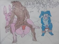 anthro anthro_on_anthro anthro_penetrating_anthro anus blue_fur brown_fur bubble_butt bunny_cuck canine canine_penis canine_teeth cuck cuckold desperate forced_to_watch fur lagomorph male_penetrating_female mammal mating_press motoanexo muscles muscular muscular_anthro muscular_male ntr pink_fur rmtwo rope teeth text text_bubble tied tied_to_chair tied_to_pole traditional_art traditional_media traditional_media_(artwork) wolf wolf_tail