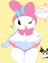 areola areolae blush bow breasts breasts_apart bunny_ears dream-cassette female hips hoshime huge_breasts jiggle kuromi mob_face my_melody nipple_bulge nipples one_eye_closed onegai_my_melody pout pouting sanrio shortstack sling_bikini slingshot_swimsuit text text_bubble thighs wink