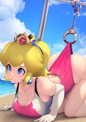 1girls 2020 :o all_fours arched_back arm_support ass ass_up bangs bare_back bare_legs bare_shoulders beach big_ass big_breasts big_butt big_eyes blonde_hair blue_eyes blue_sky blunt_bangs blush bondage breasts cleavage cloud competition_swimsuit crown cuffs cute dat_ass day earrings elbow_gloves eyelashes female female_focus female_only gloves hair_ornament handcuffs hi_res high_resolution highleg highleg_swimsuit highres hizake huge_ass huge_breasts jewelry kashu_(hizake) large_breasts long_hair looking_at_another mario_(series) nintendo ocean off_shoulder one-piece_swimsuit outdoors parted_lips pink_swimsuit ponytail princess_peach restrained shiny_clothes shiny_skin sideboob sidelocks sky solo solo_female strap_gap swimsuit swimsuit_pull thighs tied_hair top_down_bottom_up white_gloves wide-eyed wide_hips