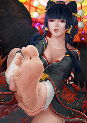 1girls 2021 artist_signature bare_legs barefoot cleavage clothed clothed_female dark_hair dead_or_alive feet female female_only foot_fetish foot_focus hi_res high_resolution highres holding_leg japanese_clothes kimono leg_lift legs legs_up long_hair nyotengu open_mouth purple_eyes sitting solo_(twsolo) sweat sweaty_feet thighhighs thighs wet_feet wings