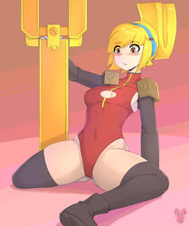 1girls blonde_hair blush boots brown_eyes cameltoe female female_only iconoclasts leotard on_ground roadiesky robin_(iconoclasts) sitting spread_legs stockings thighhighs wrench yellow_hair