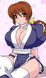 1girls big_breasts braid braided_hair breasts brown_eyes brown_hair brunette cleavage dead_or_alive eyebrows_visible_through_hair eyes_open eyes_visible_through_hair female female_only hair_ribbon hairbow japanese_clothes kasumi_(doa) kunoichi large_breasts light-skinned_female light_skin matching_hair/eyes ninja-8004 no_bra no_panties only_female revealing_clothes solo tagme tecmo thick_thighs thighhighs thighs tied_hair