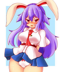 1girls animal_ears arms_behind_back belt blue_skirt blush blushing blushing_at_viewer bow_panties bunny_ears bunny_girl cameltoe carrot embarrassed hands_behind_back large_breasts long_hair looking_at_viewer miniskirt panties perky_breasts purple_hair questionable red_eyes reisen_udongein_inaba shiny_hair shiny_skin simple_background skirt skirt_lift standing tagme tan_skin tears thick_thighs thighs tie touhou usamimi very_long_hair white_background white_panties white_shirt yagi_paranoia