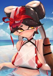 +_+ 1girls 2019 alternate_hairstyle arm_support bangs bare_shoulders belly belly_button big_breasts big_eyes bikini black_hair blunt_bangs blush bow bowtie breasts callie_(splatoon) censor_bar censored censored_penis closed_mouth curvaceous curvy curvy_figure earrings erect_nipples erect_nipples_under_clothes eyelashes female female_focus hair_ornament hi_res high_resolution highres hizake hourglass_figure huge_breasts inkling kashu_(hizake) large_breasts light-skinned_female light_skin long_hair looking_at_another male midriff multi-strapped_bikini navel nintendo nipples ocean off_shoulder outdoors partially_submerged penis pointy_ears pseudo_hair red_bow red_hair shiny_hair sideboob sky smooth_skin splatoon splatoon_2 string_bikini symbol-shaped_pupils tentacle_hair thin_waist tongue twintails two_tone_hair very_long_hair wet wet_body wet_clothes wide_eyed wide_hips yellow_eyes