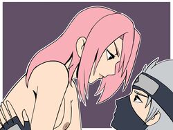 1boy 1girls adult age_difference black_eyes breasts eye_contact feith_noir female fingerless_gloves gloves hatake_kakashi headband human implied_sex looking_at_another looking_at_partner male mask naked naruto naruto_(series) naruto_shippuden nipples older_female older_male pink_hair sakura_haruno silver_hair smile teacher_and_student teenager unseen_male_face upper_body younger_female