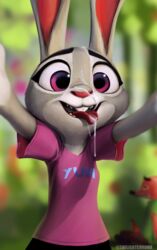 anthro bodily_fluids clothed clothing cum cum_in_mouth cum_inside cum_on_face cum_on_tongue digital_media_(artwork) disney female flat_chest fur genital_fluids genitals grey_body hi_res judy_hopps lagomorph leporid looking_at_viewer mammal nick_wilde open_mouth penis purple_eyes rabbit selfie simple_background smile solo tongue twilightchroma zootopia