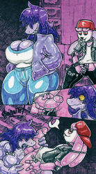 anthro ball_lick balls big_breasts blush bottomwear breasts cleavage clothed clothing collar deltarune dinosaur duo female genitals hair hair_over_eyes hand_on_penis hands_in_pockets hat headgear headwear hi_res lagomorph leporid licking machine male male/female mammal oral pants parasitedeath penis penis_grab pockets purple_hair rabbit reptile robot scalie sequence sex susie_(deltarune) thigh_thighs tongue tongue_out video_games white_face