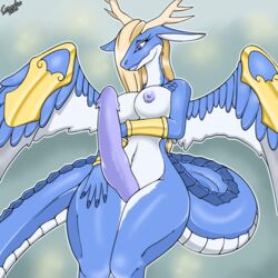 anthro big_penis blonde_hair blue_body blue_scales blush breasts canastus dragon futanari hair herm hyper_penis intersex konami lipstick multicolored_body nipples no_balls pussy saffira_queen_of_dragons solo tagme two_tone_body white_body yu-gi-oh!