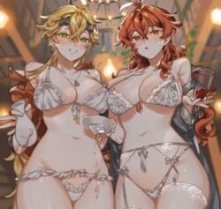 2girls big_breasts bra breasts crow_3434 diluc_(genshin_impact) genderswap_(mtf) genshin_impact green_eyes lingerie midriff navel panties red_eyes red_hair rule_63 thick_thighs thighs thoma_(genshin_impact)