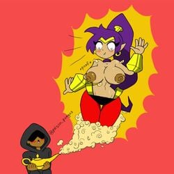 big_breasts big_nipples blush blushing bootiehound comic_panel genie shantae shantae_(character) smooth_skin solo solo_female surprised surprised_expression topless topless_female wardrobe_malfunction