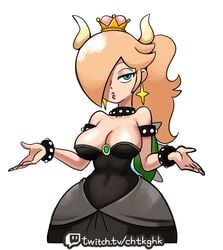 1girls alternate_breast_size alternate_costume alternate_hairstyle alternate_outfit aqua_eyes armlet armlets armwear asymmetrical_hair big_breasts big_hips blonde blonde_hair blue_eyes bowsette_(cosplay) bracelet bracelets breasts cleavage clothed clothed_female clothes clothing collar color colored cosplay costume crown curvy curvy_body curvy_female curvy_figure curvy_hips dark_blonde dark_blonde_hair dirty_blonde dirty_blonde_hair earrings eyelashes eyes_half_open fair_skin female female_only genderbent hair_covering_eye hair_covering_one_eye hair_over_one_eye half-closed_eyes hips horns hourglass_figure image jewelry large_breasts large_hips light-skinned_female light_skin long_hair mario_(series) minus8 neckwear new_super_mario_bros._u_deluxe nintendo one_eye_covered only_female ponytail princess_rosalina sandy_blonde sandy_blonde_hair shell shrug shrugging simple_background small_waist solid_color_background solo spiked_armlet spiked_armlets spiked_bracelet spiked_bracelets spiked_collar spiked_shell super_mario_galaxy thin_female thin_waist tied_hair white_background wide_hips