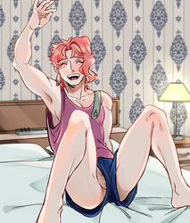 1boy 2020s 2021 blush borrowed_clothes closed_eyes clothed clothed_male happy jojo's_bizarre_adventure male_only no_underwear noriaki_kakyoin on_bed shorts sitting_on_bed solo solo_male stardust_crusaders