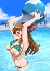 1girls arms_up ass beachball blush bow breasts breasts_out brown_hair embarrassed frilled_bikini frills from_above green_bikini hairbow highres large_breasts long_hair navel nipples oppaihobby original outdoors partially_submerged pool solo_focus swimsuit water wet yellow_eyes