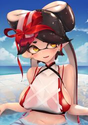 +_+ 1girls 2019 alternate_hairstyle arm_support bangs bare_shoulders belly belly_button big_breasts big_eyes bikini black_hair blunt_bangs blush bow bowtie breasts callie_(splatoon) curvaceous curvy curvy_figure earrings erect_nipples erect_nipples_under_clothes eyelashes female female_focus female_only hair_ornament hi_res high_resolution highres hizake hourglass_figure huge_breasts inkling kashu_(hizake) large_breasts light-skinned_female light_skin long_hair looking_at_another midriff multi-strapped_bikini navel nintendo nipples ocean off_shoulder open_mouth open_smile outdoors partially_submerged pointy_ears pseudo_hair red_hair shiny_hair sideboob sky smile smooth_skin solo solo_female splatoon splatoon_2 string_bikini symbol-shaped_pupils tentacle_hair thin_waist tongue twintails two_tone_hair very_long_hair wet wet_body wet_clothes wide_eyed wide_hips yellow_eyes