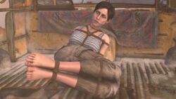 3d anna_miller_(metro) bare_shoulders barefoot black_hair blue_eyes bondage carpet clothed_bondage feet foot_fetish fully_clothed fully_clothed_female gag ironlawbringer kidnapped metro_(series) metro_2033 metro_exodus metro_last_light pants rope rope_bondage short_hair tank_top toes