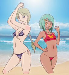 2girls areolae beach bikini black_eyes blonde_hair breasts female female_only fuu_(naruto) green_hair lipstick looking_at_viewer makeup naruto naruto_(series) naruto_shippuden nii_yugito nipples ocean orange_eyes partially_buried ponytail posing sand shiny shiny_skin smile tied_hair tonxubramando water wide_hips