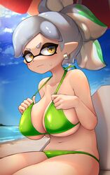 +_+ 1girls bangs beach beach_umbrella belly belly_button big_breasts big_eyes bikini bikini_pull blunt_bangs blush breasts cleavage cloud earrings eye_contact eyelashes feet_out_of_frame female female_only grey_hair hi_res high_resolution highres hizake huge_breasts inkling kashu_(hizake) large_breasts light-skinned_female light_skin looking_at_another looking_at_viewer marie_(splatoon) midriff mole mole_under_eye navel nintendo outdoors pointy_ears pseudo_hair shiny_hair sideboob sitting sky solo solo_female splatoon splatoon_2 sweat sweatdrop tentacle_hair tied_hair two_tone_hair underboob white_hair wide_eyed yellow_eyes