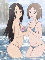 2girls areolae bangs bikini black_eyes breasts brown_eyes brown_hair detailed_background female female_only holding_hands light_brown_hair long_hair looking_at_viewer matsuri_(naruto) medium_breasts naked naruto naruto_(series) naruto_shippuden nipples nude ocean open_mouth outdoors parted_bangs partially_submerged small_breasts smile sparkles tonxubramando very_long_hair water yukata_(naruto) yuri