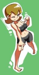 1girls 5-volt barefoot bent_wrist big_breasts breasts brown_eyes brown_hair feet female female_only green_background mario_(series) milf minus8 nintendo nipple_bulge one_eye_closed pointing shiny_skin short_hair shorts simple_background smile solo uncensored warioware wink