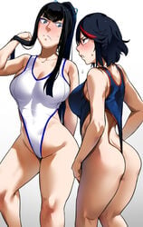 2girls ass bakkanki black_hair cleavage female_only high_cut_swimsuit kill_la_kill kiryuuin_satsuki large_breasts long_hair matoi_ryuuko one-piece_swimsuit satoriwappa school_swimsuit short_hair sisters swimsuit thick_thighs thong thong_leotard tomboy