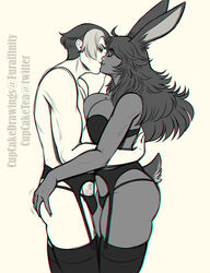 1boy 1girls amoine ascian big_breasts black_hair breast_press_on_chest bunny_ears closed_eyes cupcake992 dark-skinned_female dark_skin emet-selch female final_fantasy final_fantasy_xiv garter_belt garter_straps hugging kissing light-skinned_male light_skin lingerie long_hair male mole mole_on_breast mole_under_eye monochrome panties pubic_hair short_tail stockings tail viera white_background white_highlights