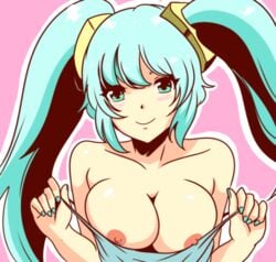 aqua_eyes aqua_hair aqua_nails big_breasts blush breasts breasts_out cute erect_nipples exposed_breasts league_of_legends looking_at_viewer nipples sona_buvelle teemo_vs_all teemovsall twintails