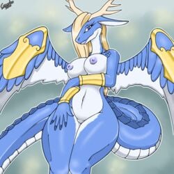 anthro blonde_hair blue_body blue_scales breasts canastus dragon female hair konami lipstick multicolored_body nipples pussy saffira_queen_of_dragons solo tagme two_tone_body white_body yu-gi-oh!