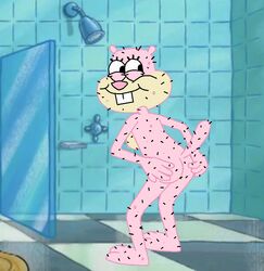 anus ass cheeks colored_skin female furless furry looking_at_viewer mammal naughty_face nickelodeon nude on_back pink_skin presenting_ass sandy_cheeks seductive_smile shower smile spongebob_squarepants squirrel straight_hair tail teeth