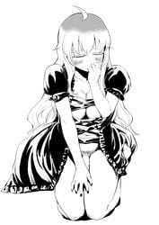 1futa ahoge blush bottomless cleavage clothed clothing covering_crotch dress embarrassed erection futa_only futanari hijiri_byakuren human kneeling large_breasts line_art long_hair monochrome nekobatake partially_clothed penis solo touhou