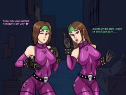 catsuit lisa_(streets_of_rage) middle_finger mona_(streets_of_rage) saliva_trail sexually_suggestive streets_of_rage twins wink