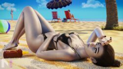 1girls 3d beach bikini blizzard_entertainment blue_skin clothed clothing depth_of_field fanart female female_focus female_only looking_at_viewer lying_down lying_on_back medium_breasts nsf on_back outdoor outdoors outside overwatch pinup short_hair slushe_(website) solo solo_female solo_focus widowmaker