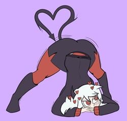 1girls 25circle ass ass_in_dress ass_shake blush demon demon_girl demon_horns demon_tail female female_focus female_only heart-shaped_pupils helltaker horns jack-o_pose jackochallenge modeus_(helltaker) shaking_butt solo straight_hair tail twerking white_hair