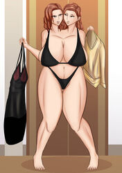 angry brown_hair conjoined conjoined_twins dressing_room indoors large_breasts lingerie mari-pan mishima_yumi ootake_nami sisters twin_milf twins