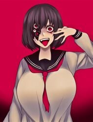 1girls black_hair black_sailor_collar breasts busty camui_kamui_(hz_666v) cleavage cracks female female_focus female_only hi_res high_resolution highres horror horror_(theme) huge_breasts light-skinned_female light_skin monster_girl multi_eye neckerchief open_mouth original plain_background red_background red_eyes red_neckerchief red_neckwear sailor_collar scary scary_eyes scary_face school_uniform schoolgirl schoolgirl_clothes schoolgirl_outfit schoolgirl_uniform serafuku sharp_teeth short_hair simple_background solo solo_female teeth terror tongue tongue_out upper_body