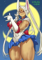 1girls bishoujo_senshi_sailor_moon blue_background bunny_ears clothing cosplay crossover_cosplay dark-skinned_female dark_skin female female_only long_hair looking_at_viewer magical_girl miruko moon muscular muscular_female my_hero_academia night_sky pose red_eyes rumi_usagiyama sailor_moon_(cosplay) sailor_uniform shosho_oekaki skirt solo solo_female thick_thighs twintails white_hair