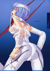 1girls ass bandage blue_hair bodysuit breasts clesta clothing curvy female human lance_of_longinus looking_back medium_breasts neon_genesis_evangelion pale-skinned_female pale_skin pilot_suit plugsuit red_eyes rei_ayanami short_hair sideboob skintight solo solo_female tagme tongue underboob wide_hips